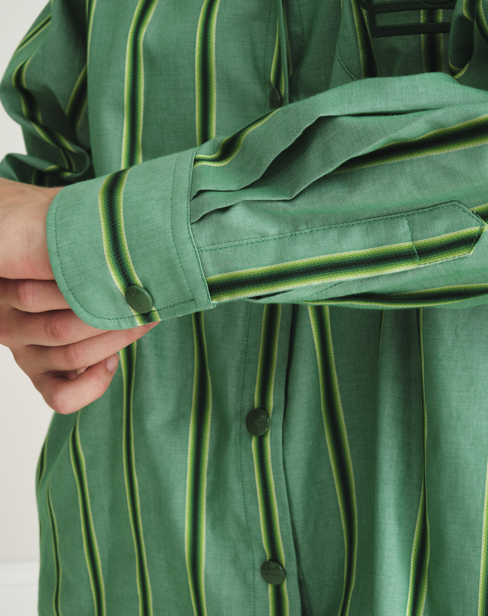 Etro - Oversized Embridered Green Striped Cotton And Silk Blend Shirt IT38